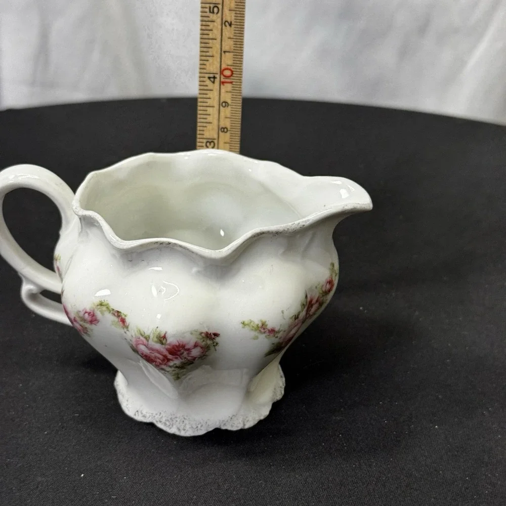 Antique Porcelain Creamer Pitcher Painted Pink Rose Design Decorative Handle‎